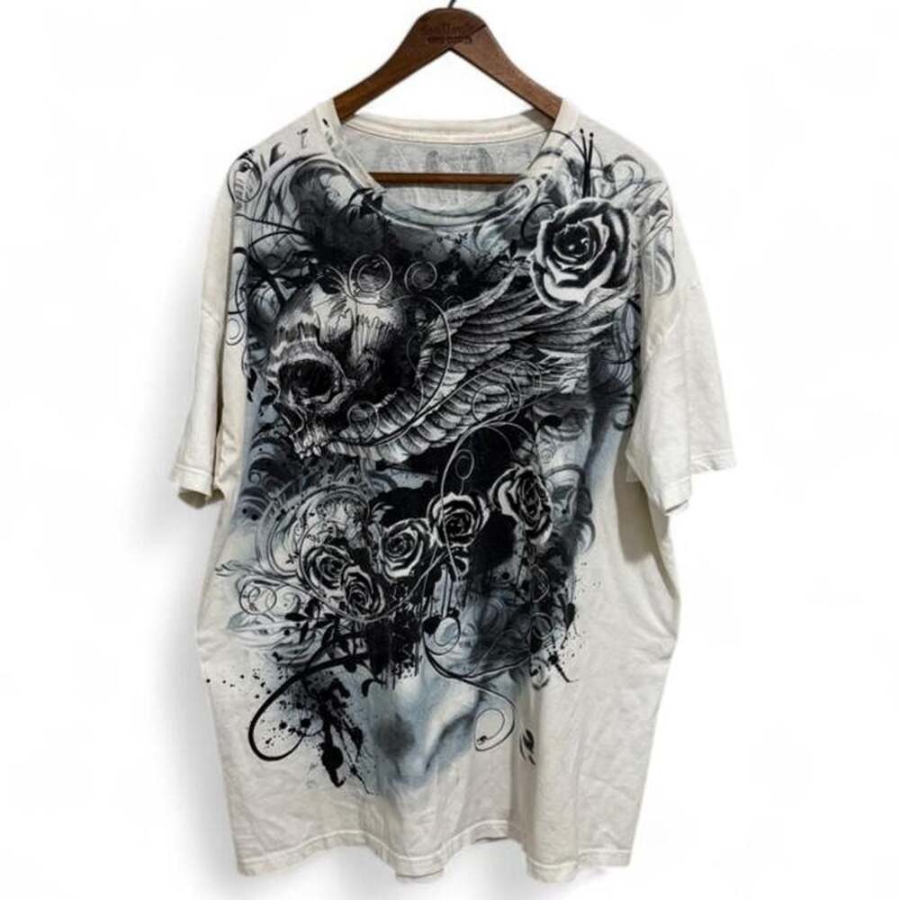 Vintage Carbon Black All-Over Print Skull & Roses Graphic T-Shirt 2XL